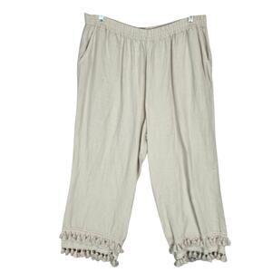 Casual Beige Linen Capri Fringe Tassel Pants 18W Stretch Waist Neutral Boho Fest